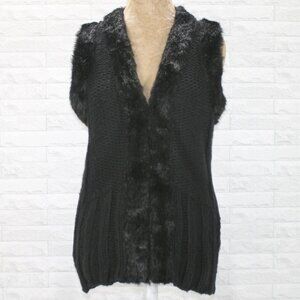 JW Vest Faux Fur Trim Knit Wool Blend Sleeveless Classic Winter Chunky Black LG
